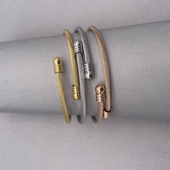 Set of Three Cuff Bangle Bracelet Silver Gold and Rose Gold Tone Stackable - Picture 5 of 5